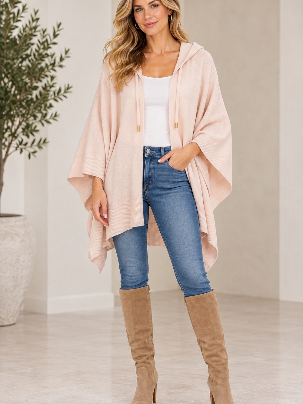 Chico's Blush Pink Hooded Open-Front Poncho Sweater cotton and cashmere blend